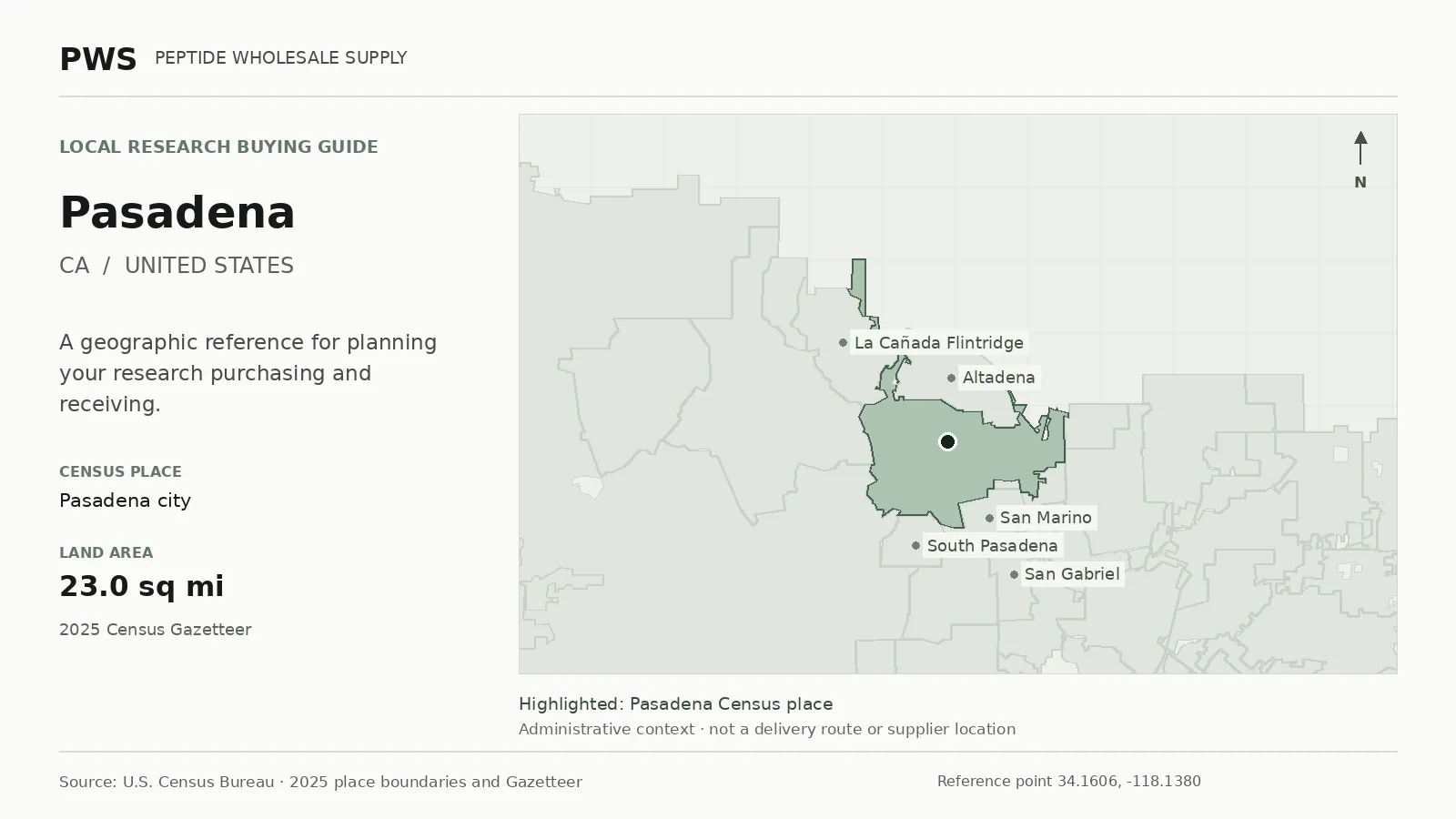 Map of the Pasadena city Census place boundary in CA, with nearby Census places for receiving-address planning.