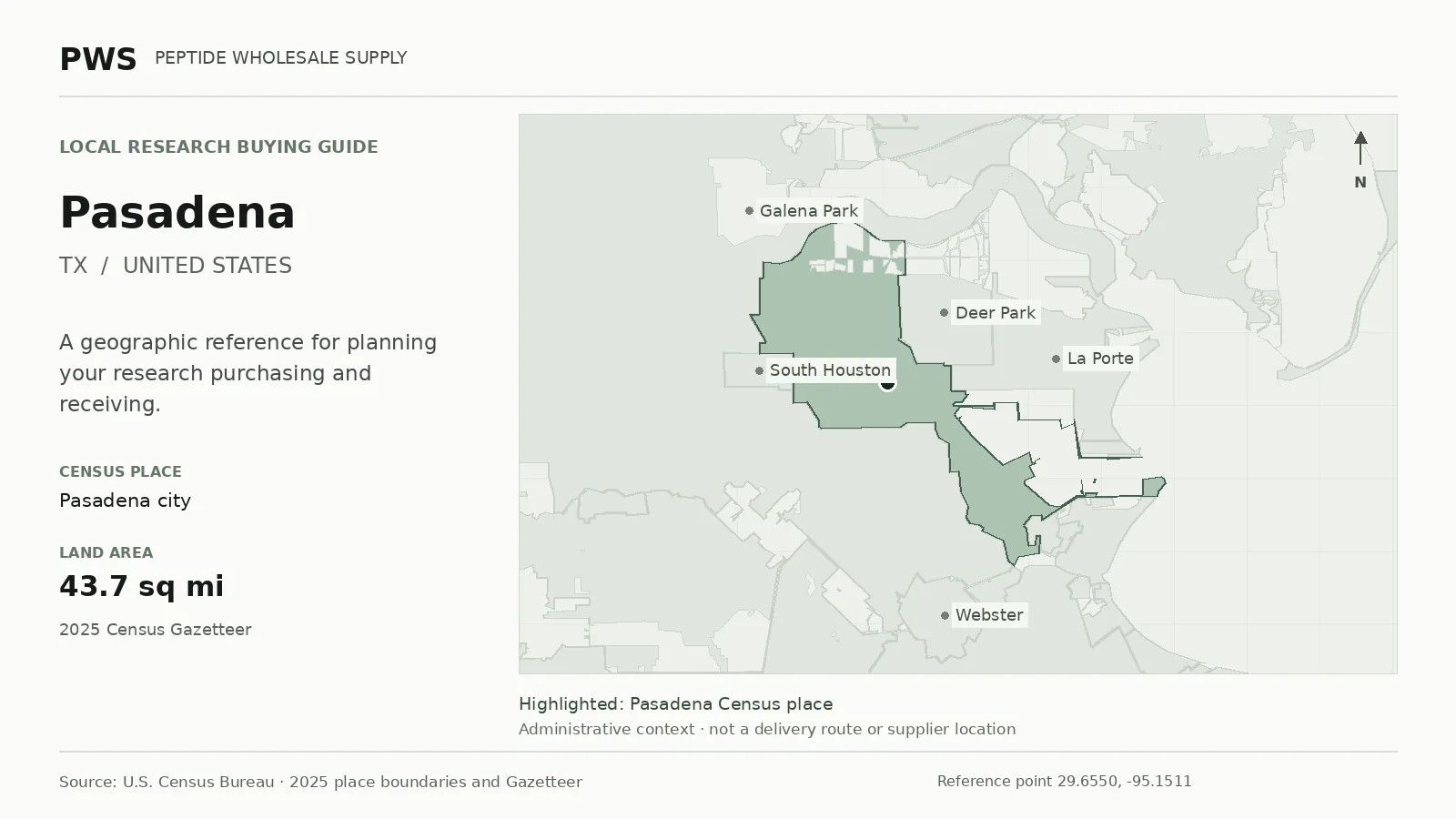 Map of the Pasadena city Census place boundary in TX, with nearby Census places for receiving-address planning.