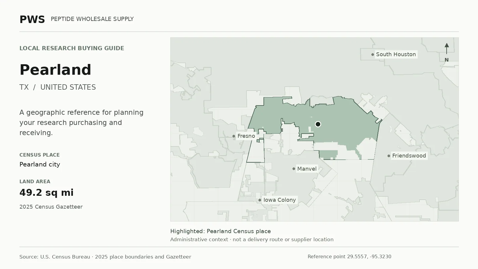 Map of the Pearland city Census place boundary in TX, with nearby Census places for receiving-address planning.