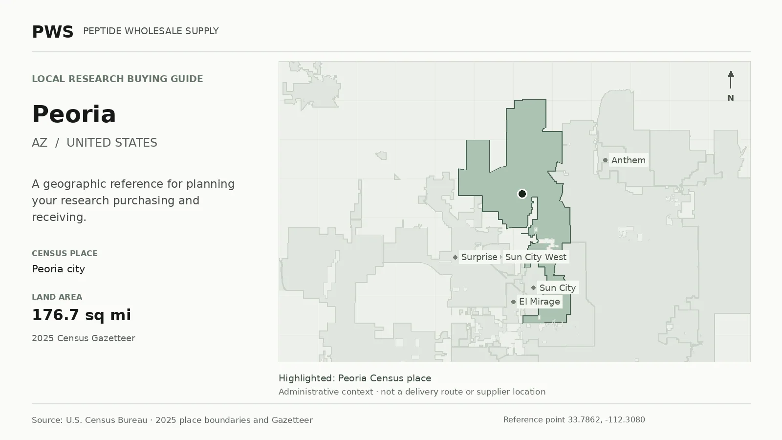 Map of the Peoria city Census place boundary in AZ, with nearby Census places for receiving-address planning.