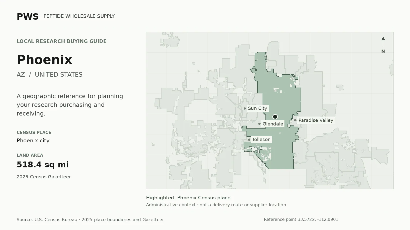 Map of the Phoenix city Census place boundary in AZ, with nearby Census places for receiving-address planning.