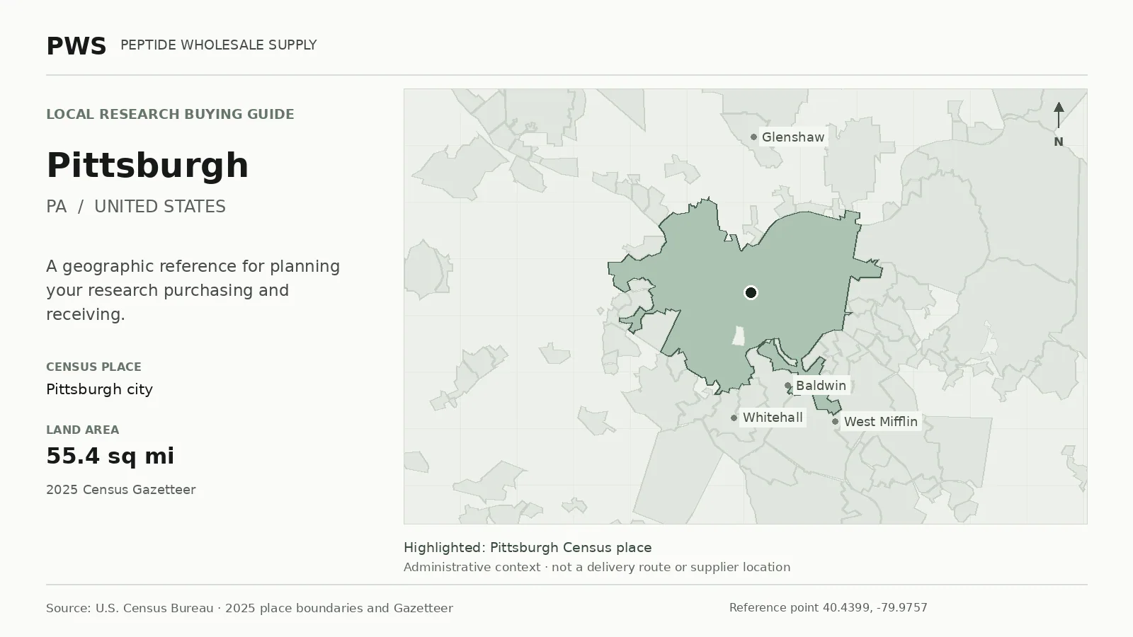 Map of the Pittsburgh city Census place boundary in PA, with nearby Census places for receiving-address planning.