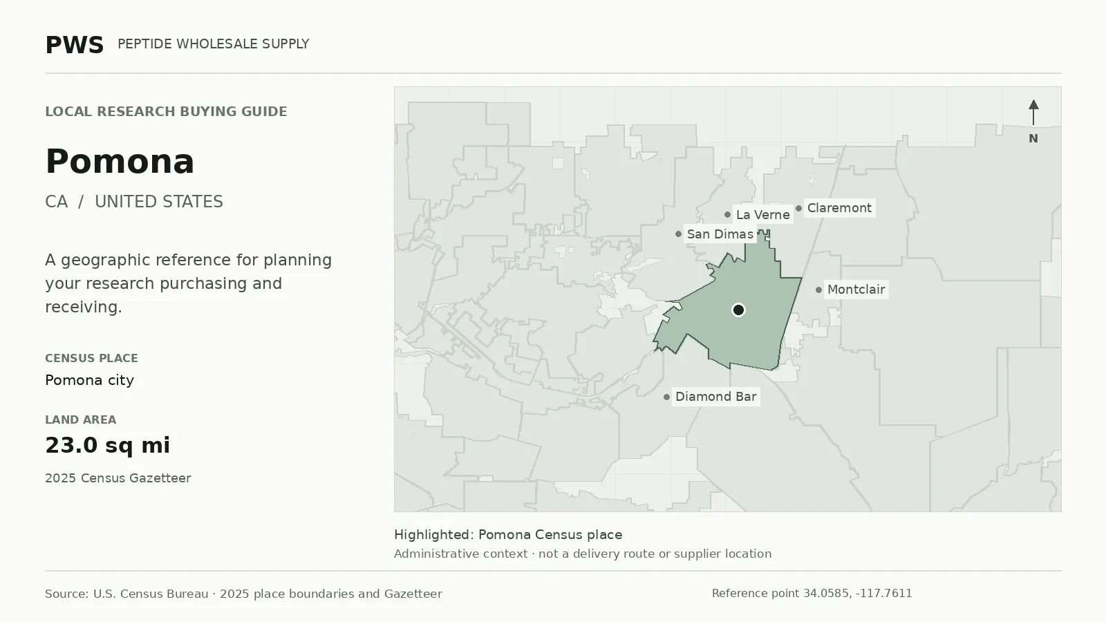 Map of the Pomona city Census place boundary in CA, with nearby Census places for receiving-address planning.