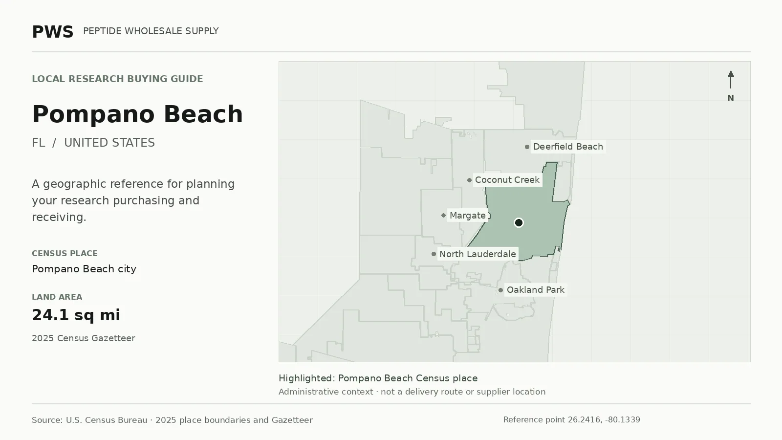 Map of the Pompano Beach city Census place boundary in FL, with nearby Census places for receiving-address planning.