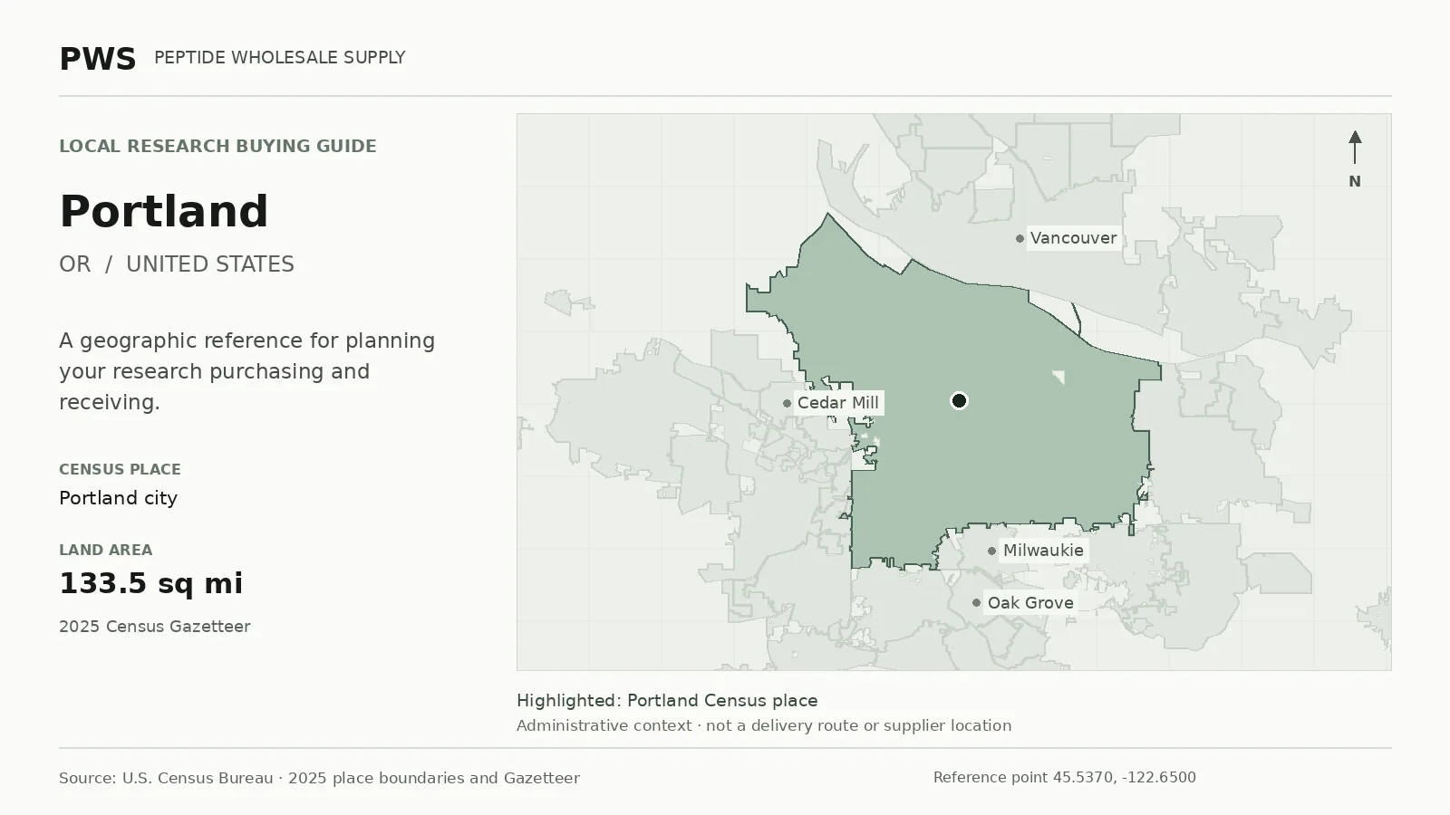 Map of the Portland city Census place boundary in OR, with nearby Census places for receiving-address planning.