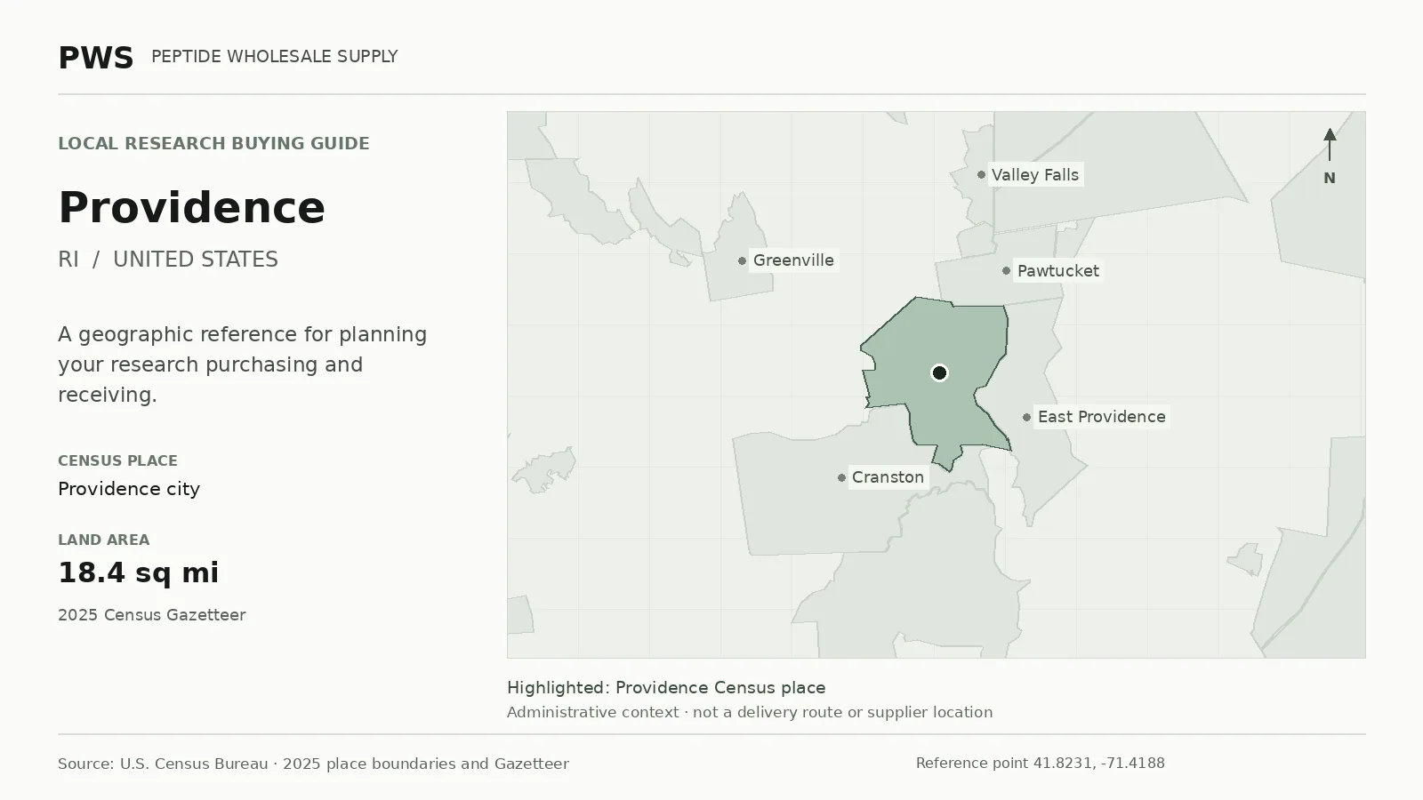Map of the Providence city Census place boundary in RI, with nearby Census places for receiving-address planning.