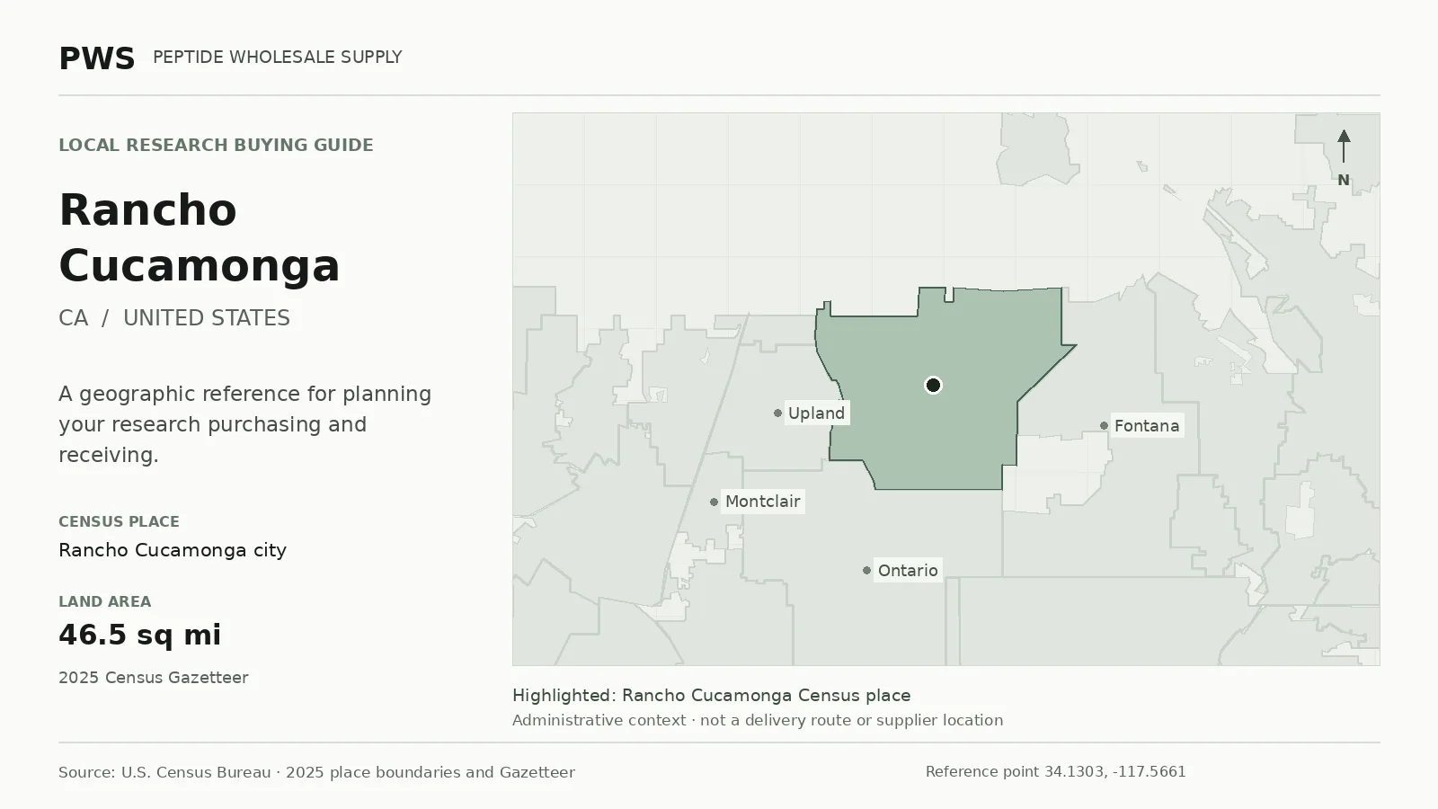 Map of the Rancho Cucamonga city Census place boundary in CA, with nearby Census places for receiving-address planning.