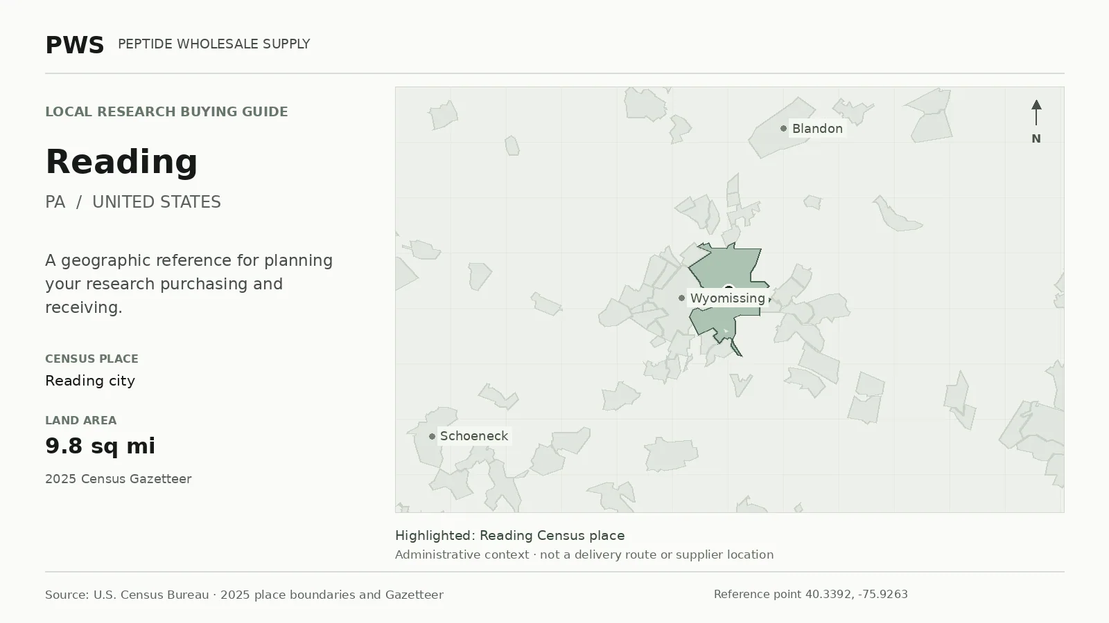 Map of the Reading city Census place boundary in PA, with nearby Census places for receiving-address planning.
