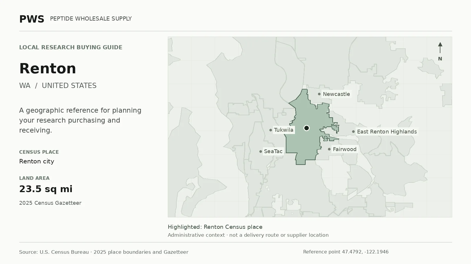 Map of the Renton city Census place boundary in WA, with nearby Census places for receiving-address planning.