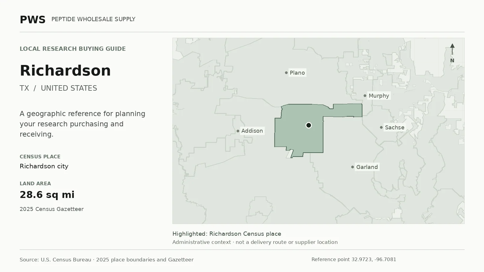 Map of the Richardson city Census place boundary in TX, with nearby Census places for receiving-address planning.