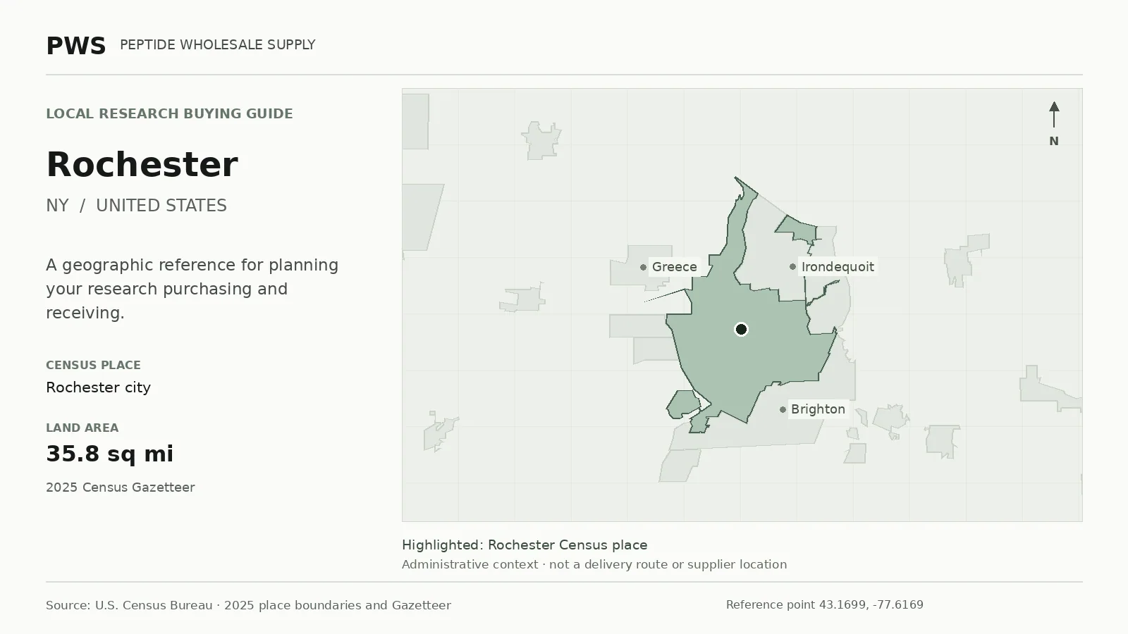 Map of the Rochester city Census place boundary in NY, with nearby Census places for receiving-address planning.