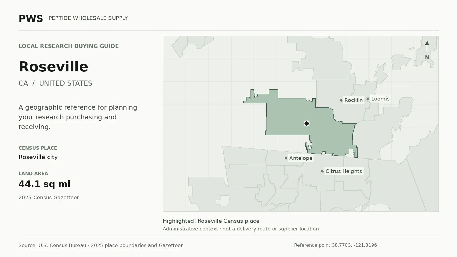 Map of the Roseville city Census place boundary in CA, with nearby Census places for receiving-address planning.