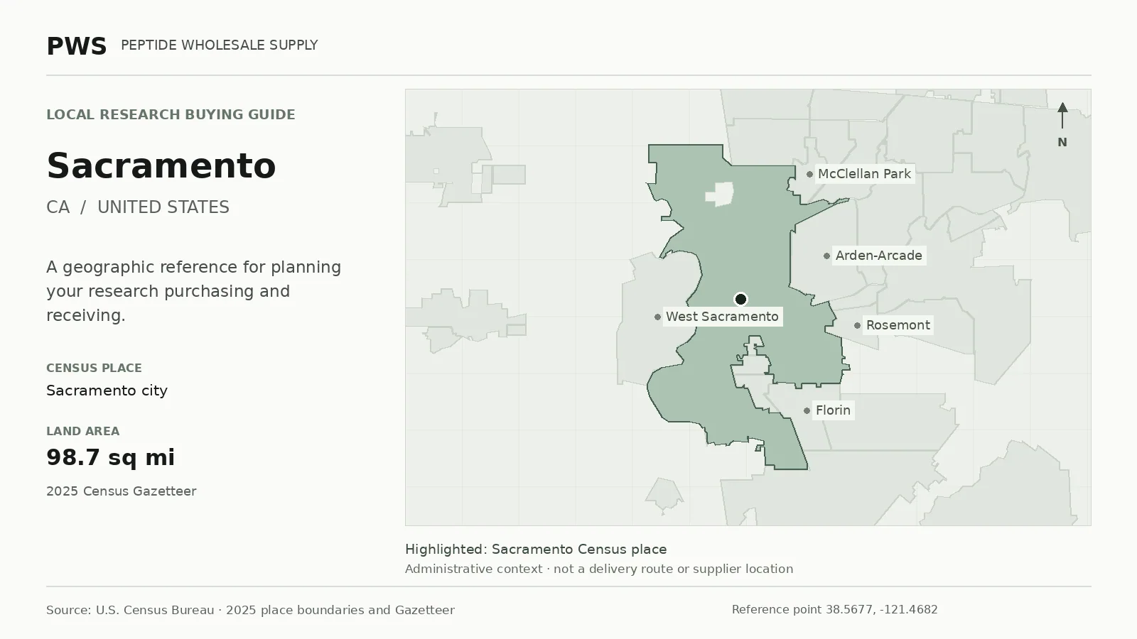 Map of the Sacramento city Census place boundary in CA, with nearby Census places for receiving-address planning.
