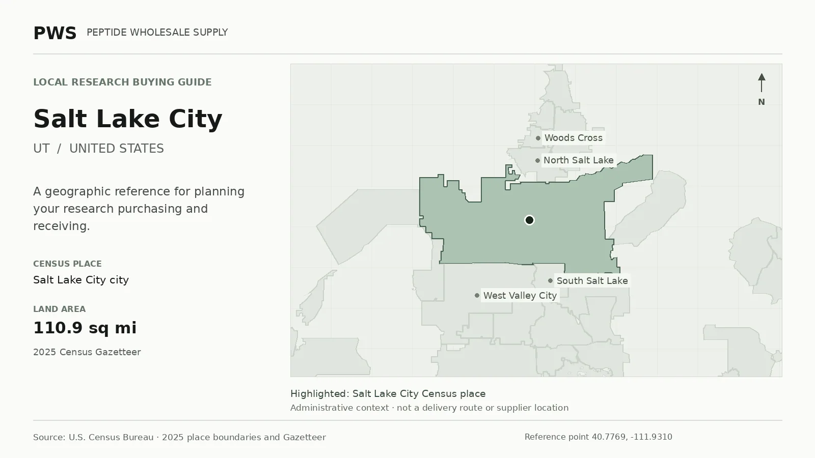 Map of the Salt Lake City city Census place boundary in UT, with nearby Census places for receiving-address planning.