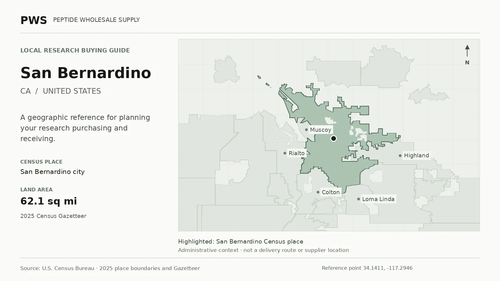 Map of the San Bernardino city Census place boundary in CA, with nearby Census places for receiving-address planning.