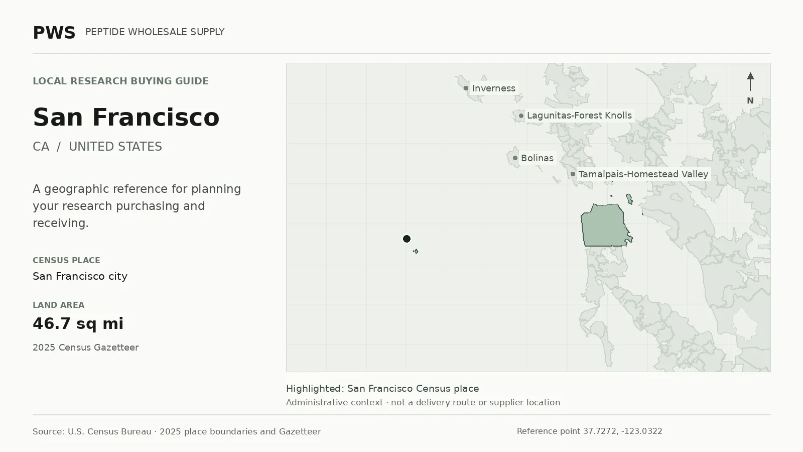 Map of the San Francisco city Census place boundary in CA, with nearby Census places for receiving-address planning.