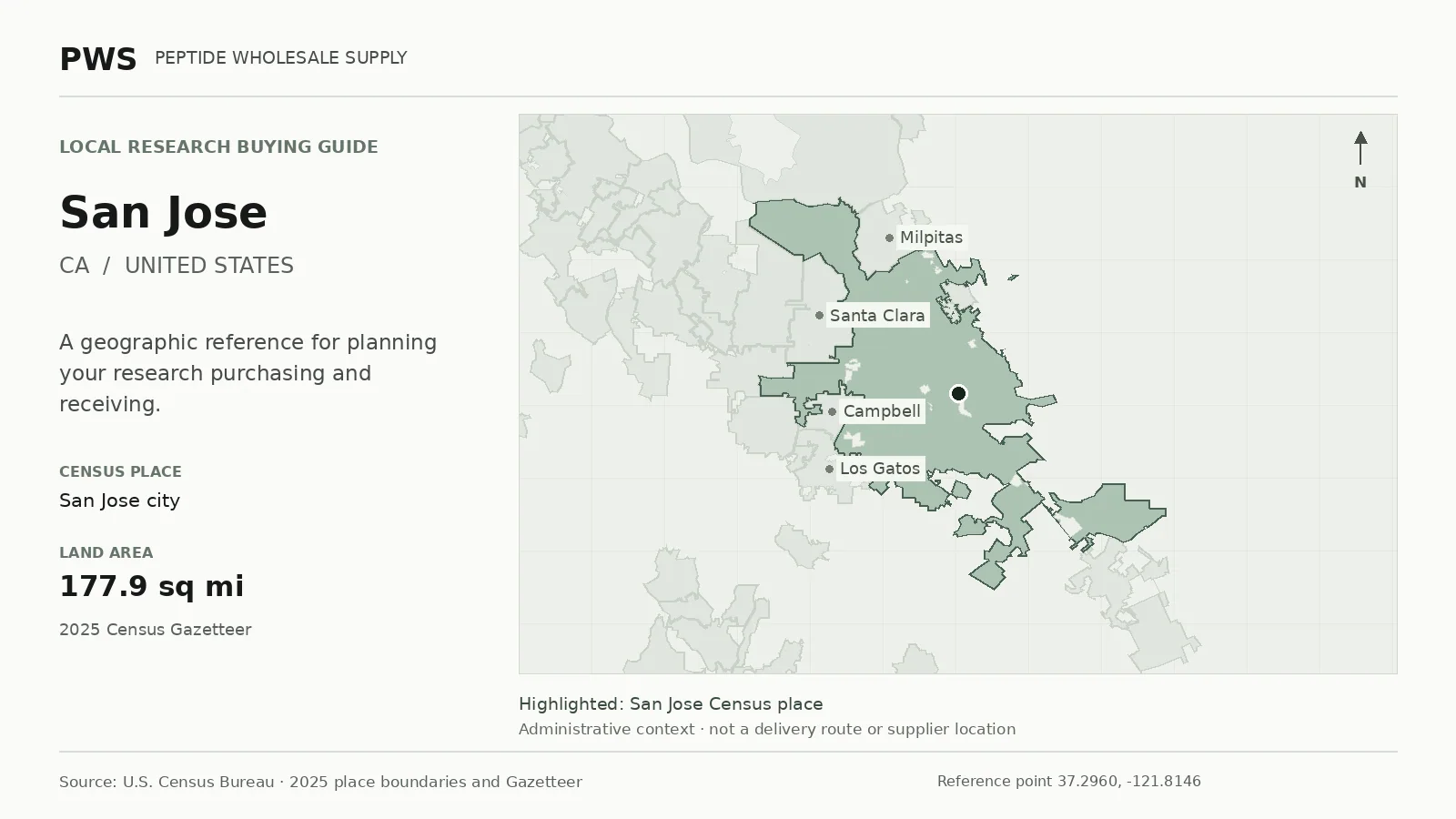 Map of the San Jose city Census place boundary in CA, with nearby Census places for receiving-address planning.