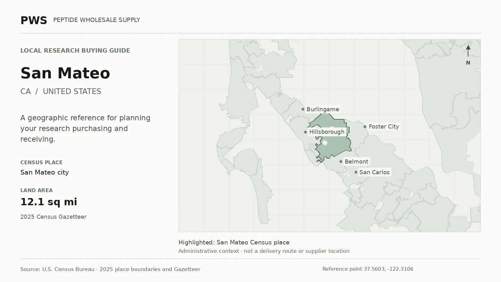 Map of the San Mateo city Census place boundary in CA, with nearby Census places for receiving-address planning.