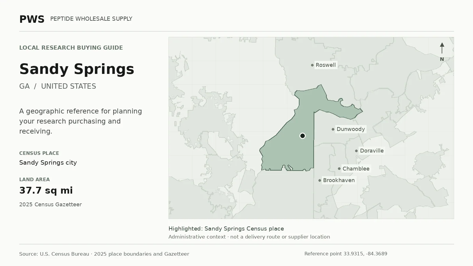 Map of the Sandy Springs city Census place boundary in GA, with nearby Census places for receiving-address planning.