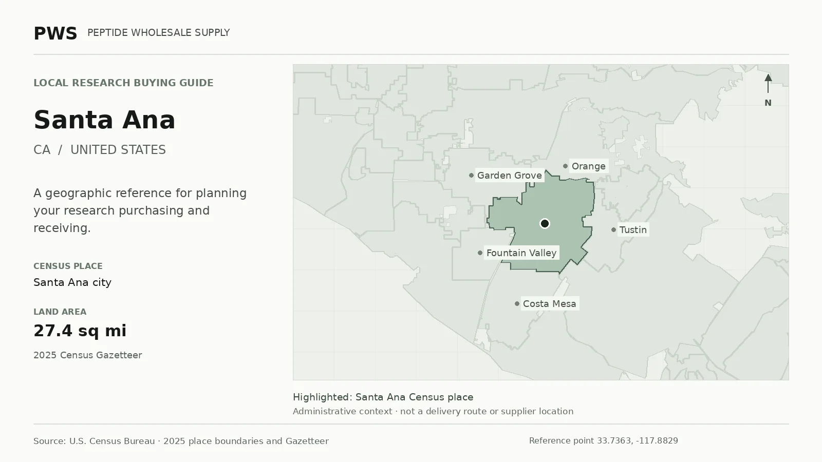 Map of the Santa Ana city Census place boundary in CA, with nearby Census places for receiving-address planning.
