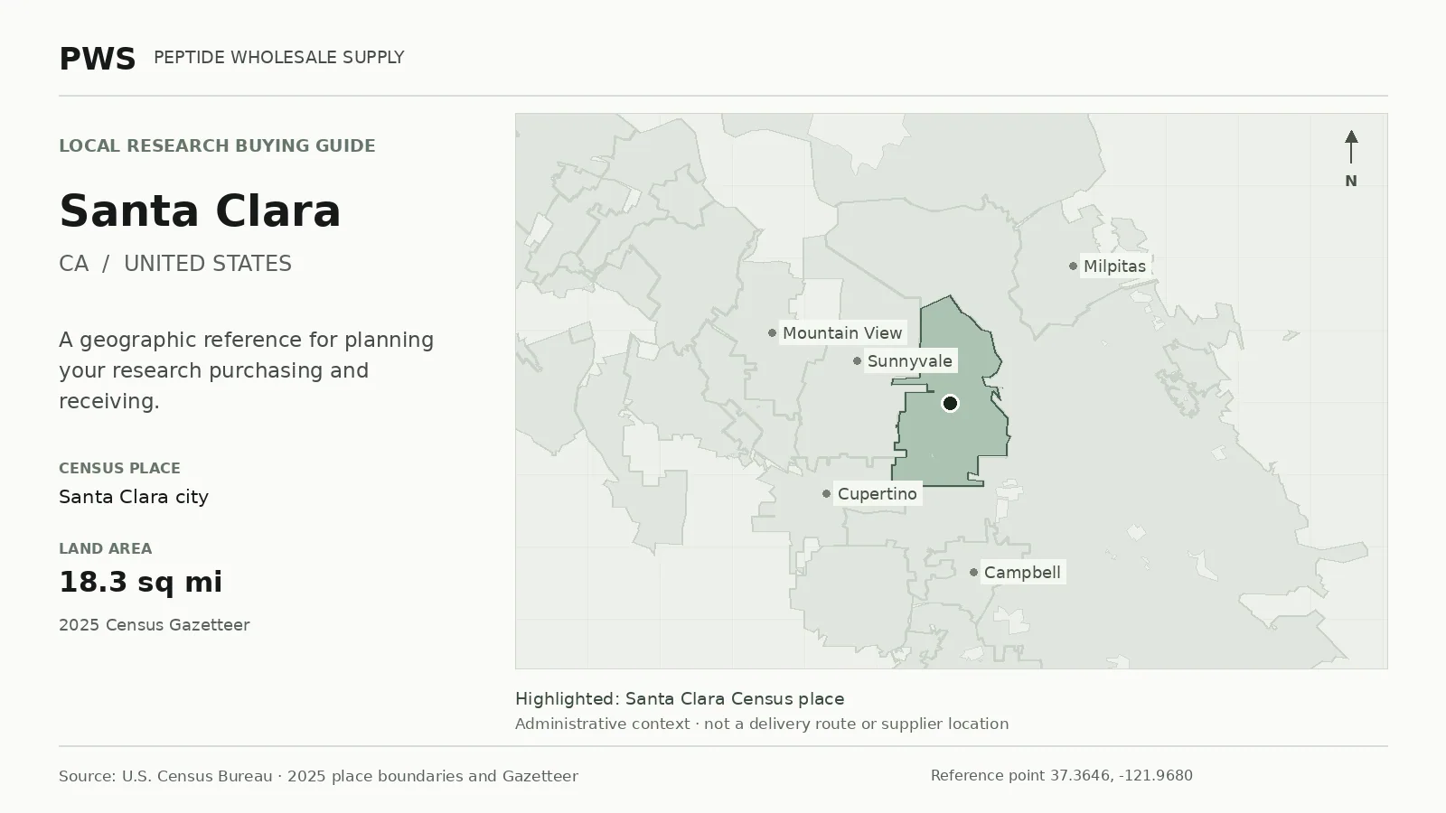 Map of the Santa Clara city Census place boundary in CA, with nearby Census places for receiving-address planning.