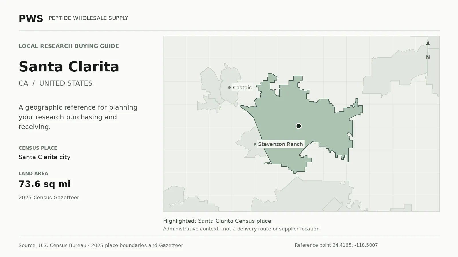 Map of the Santa Clarita city Census place boundary in CA, with nearby Census places for receiving-address planning.