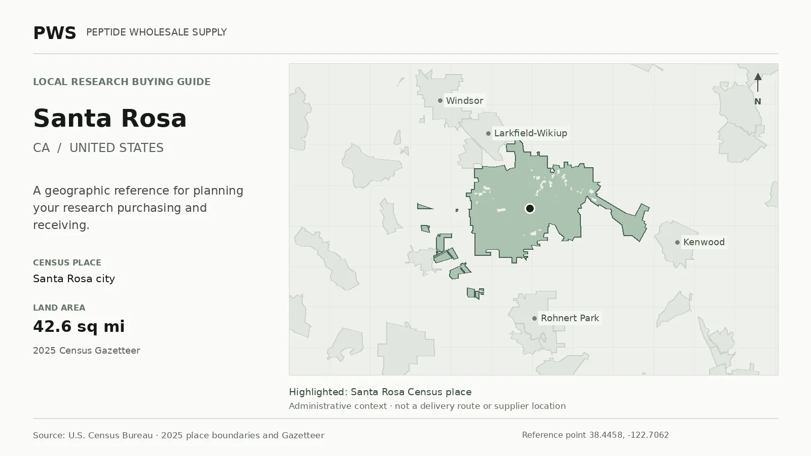Map of the Santa Rosa city Census place boundary in CA, with nearby Census places for receiving-address planning.