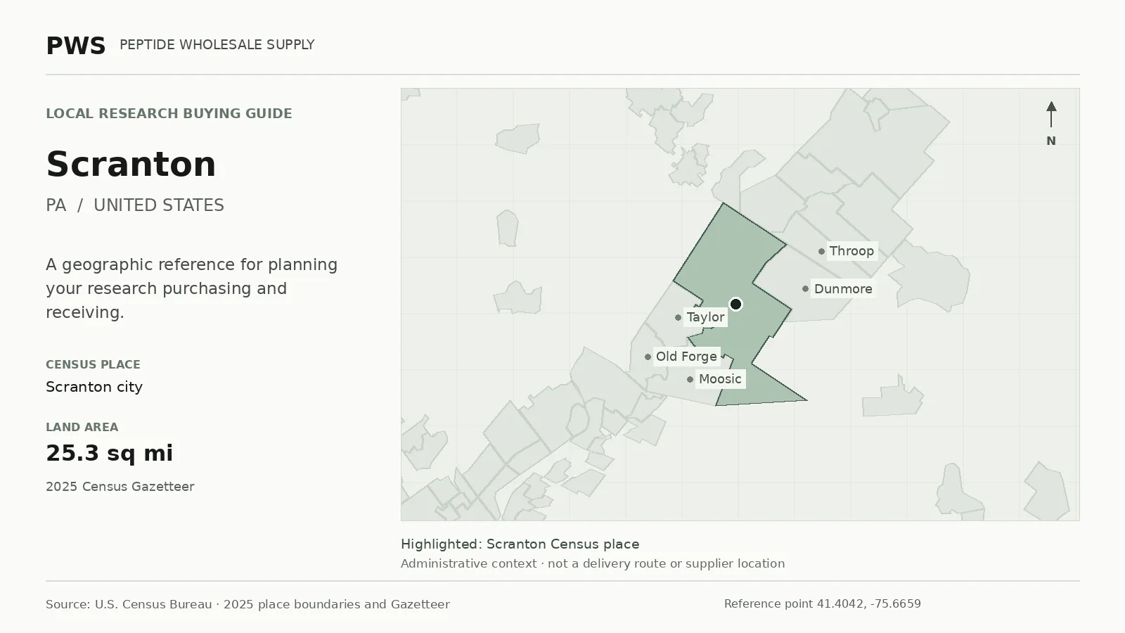 Map of the Scranton city Census place boundary in PA, with nearby Census places for receiving-address planning.