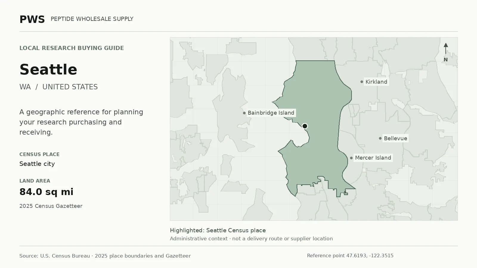 Map of the Seattle city Census place boundary in WA, with nearby Census places for receiving-address planning.