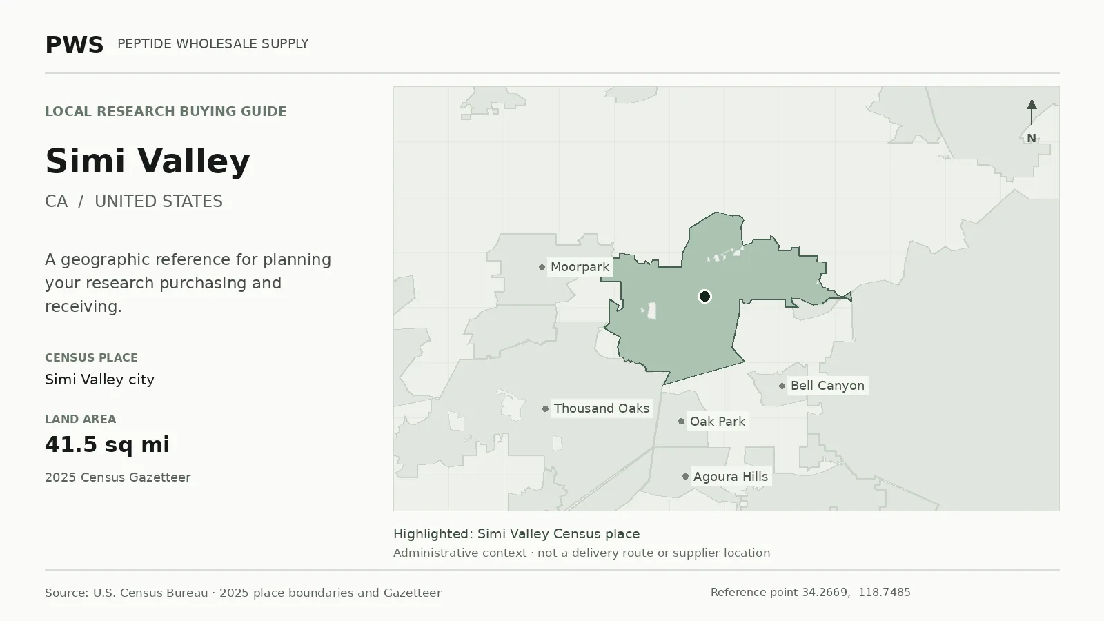 Map of the Simi Valley city Census place boundary in CA, with nearby Census places for receiving-address planning.