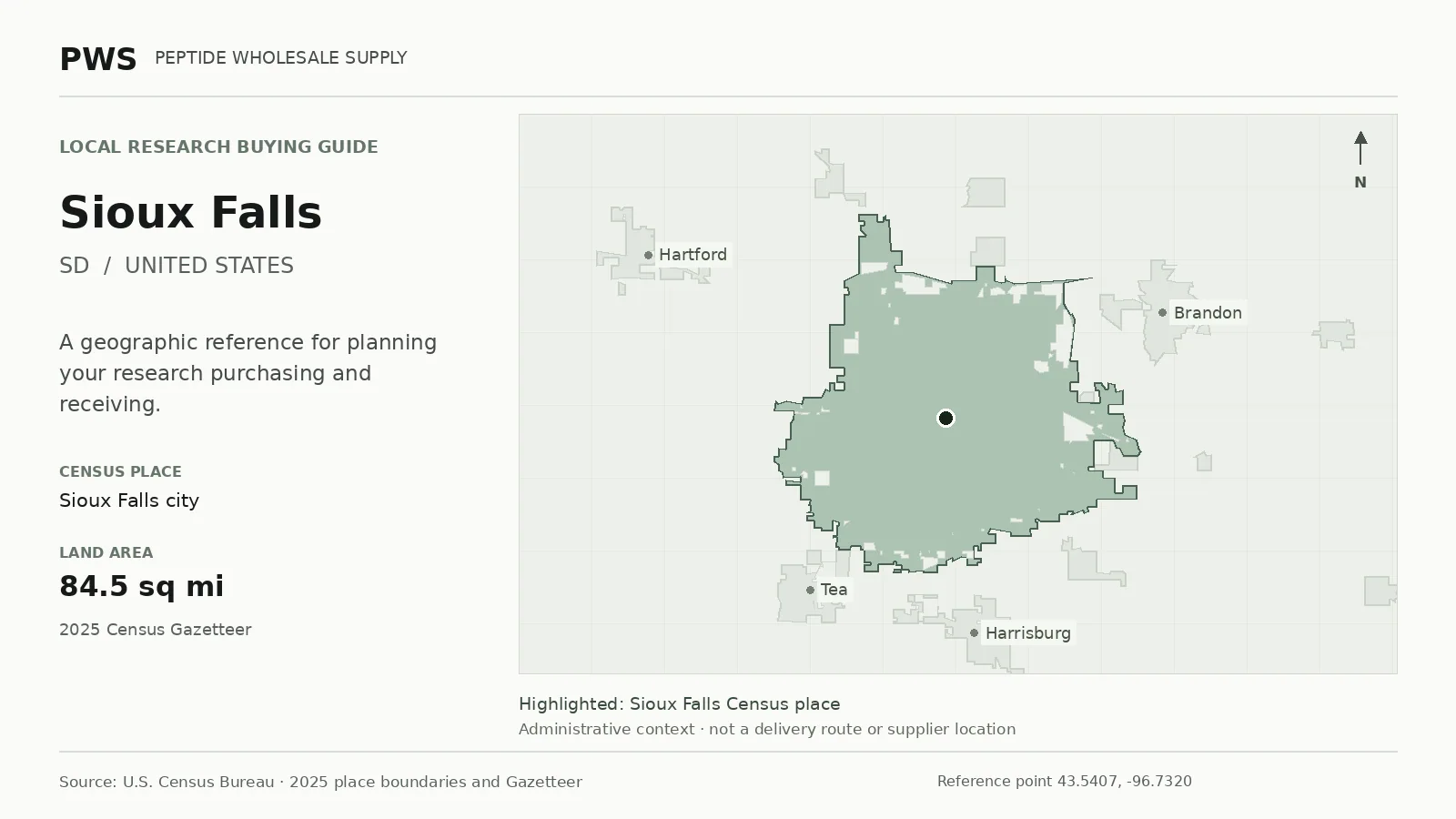 Map of the Sioux Falls city Census place boundary in SD, with nearby Census places for receiving-address planning.