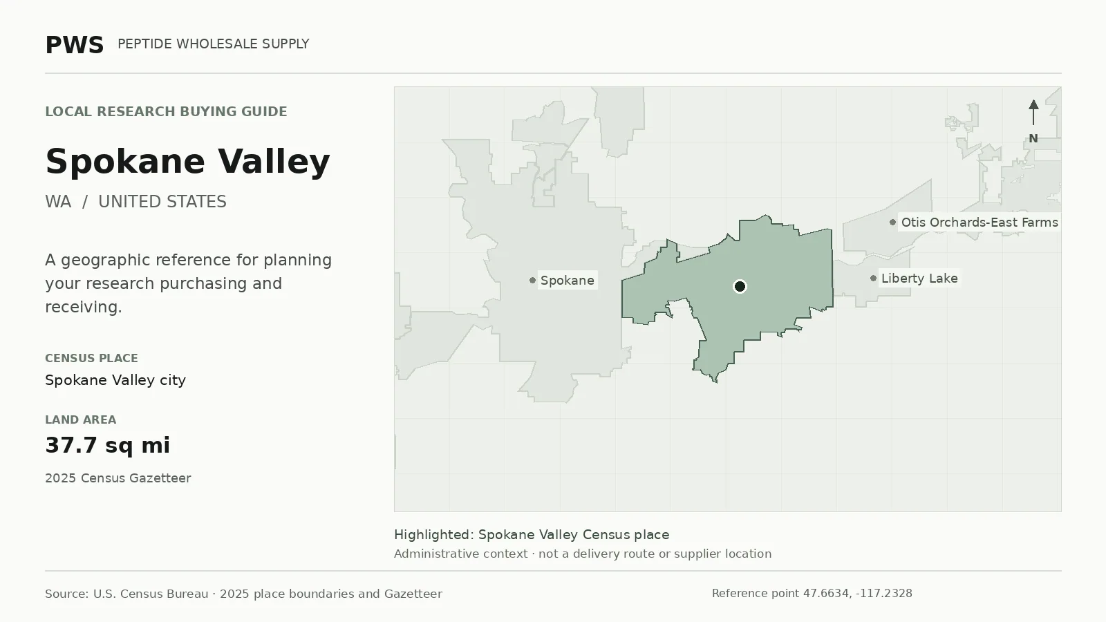 Map of the Spokane Valley city Census place boundary in WA, with nearby Census places for receiving-address planning.