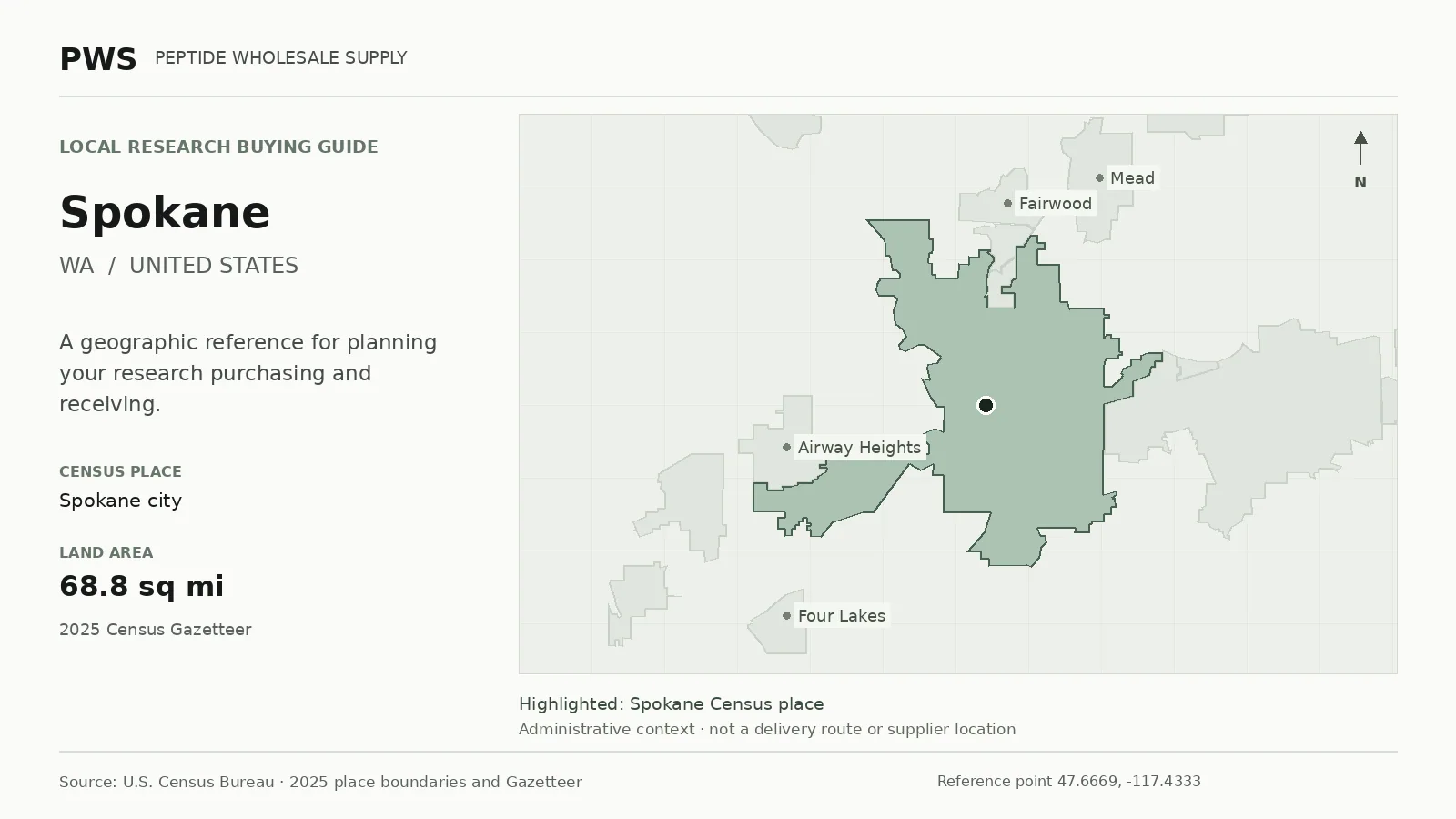 Map of the Spokane city Census place boundary in WA, with nearby Census places for receiving-address planning.