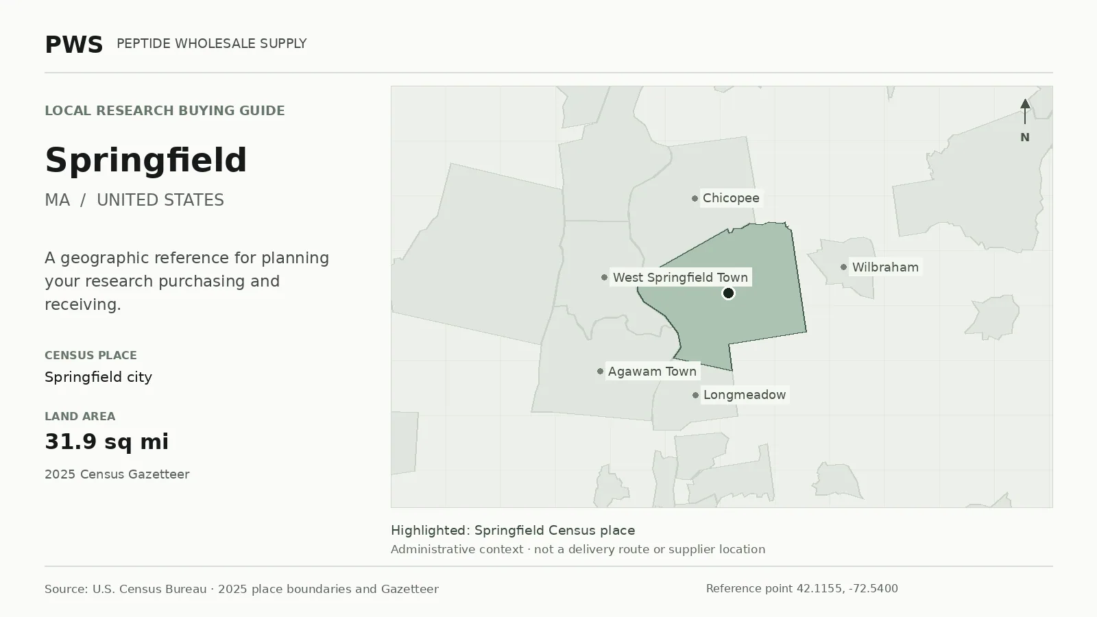 Map of the Springfield city Census place boundary in MA, with nearby Census places for receiving-address planning.
