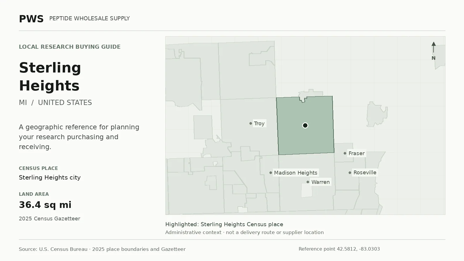 Map of the Sterling Heights city Census place boundary in MI, with nearby Census places for receiving-address planning.