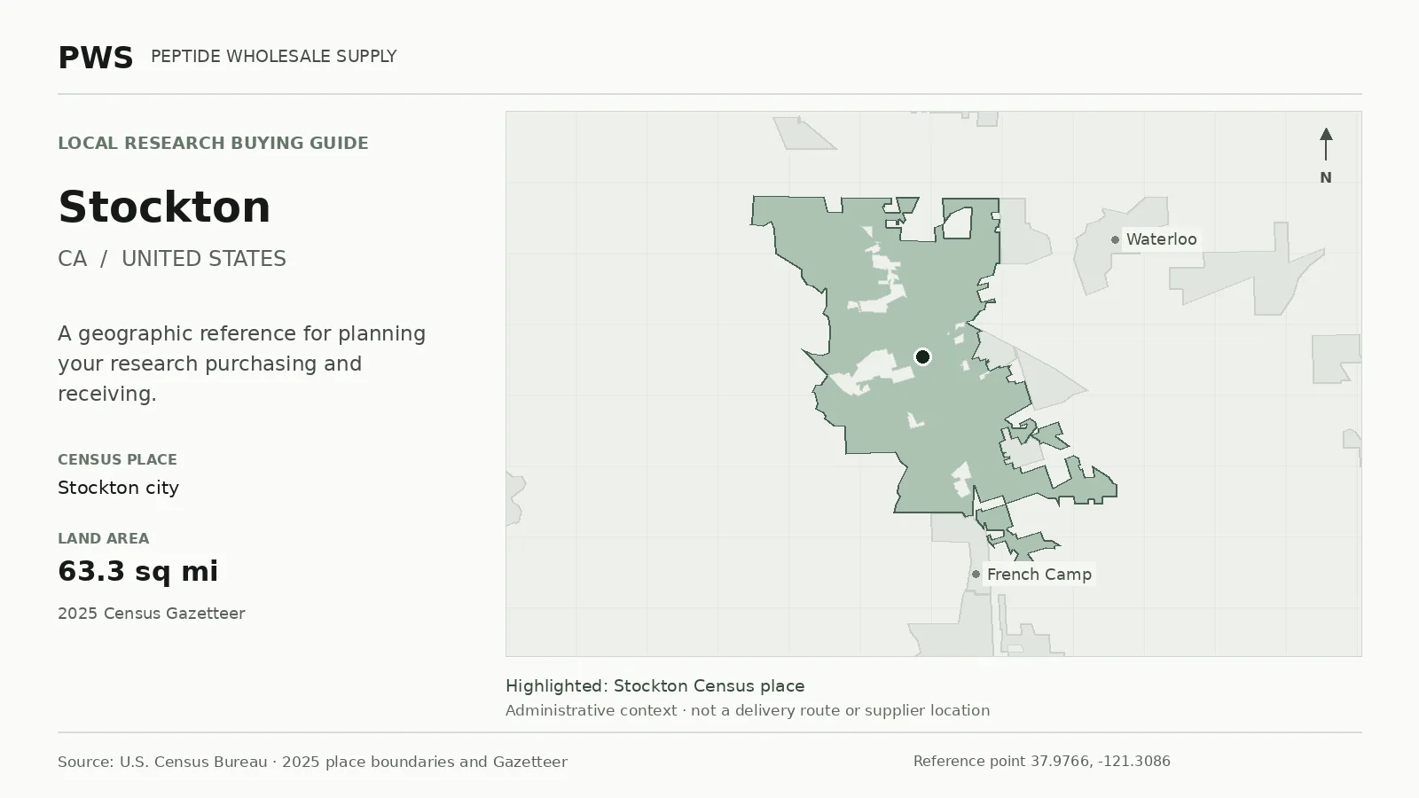 Map of the Stockton city Census place boundary in CA, with nearby Census places for receiving-address planning.