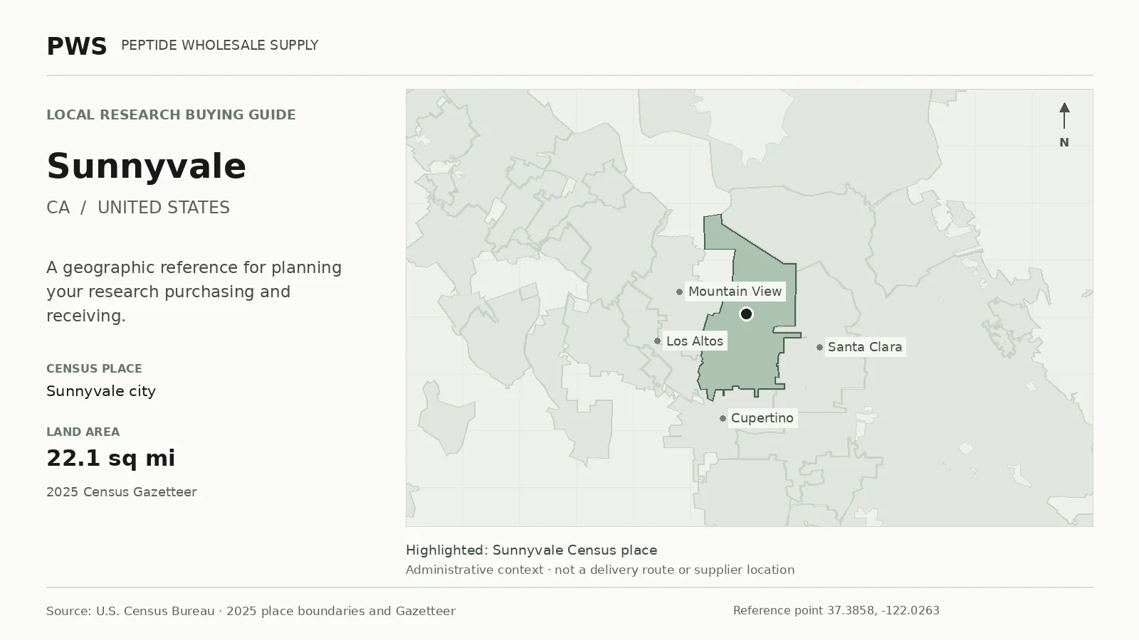 Map of the Sunnyvale city Census place boundary in CA, with nearby Census places for receiving-address planning.