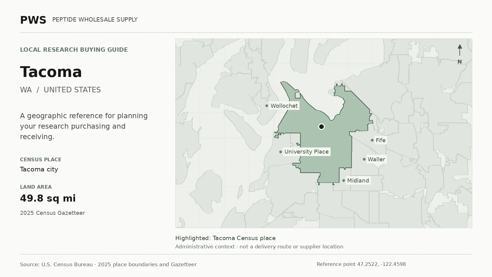 Map of the Tacoma city Census place boundary in WA, with nearby Census places for receiving-address planning.