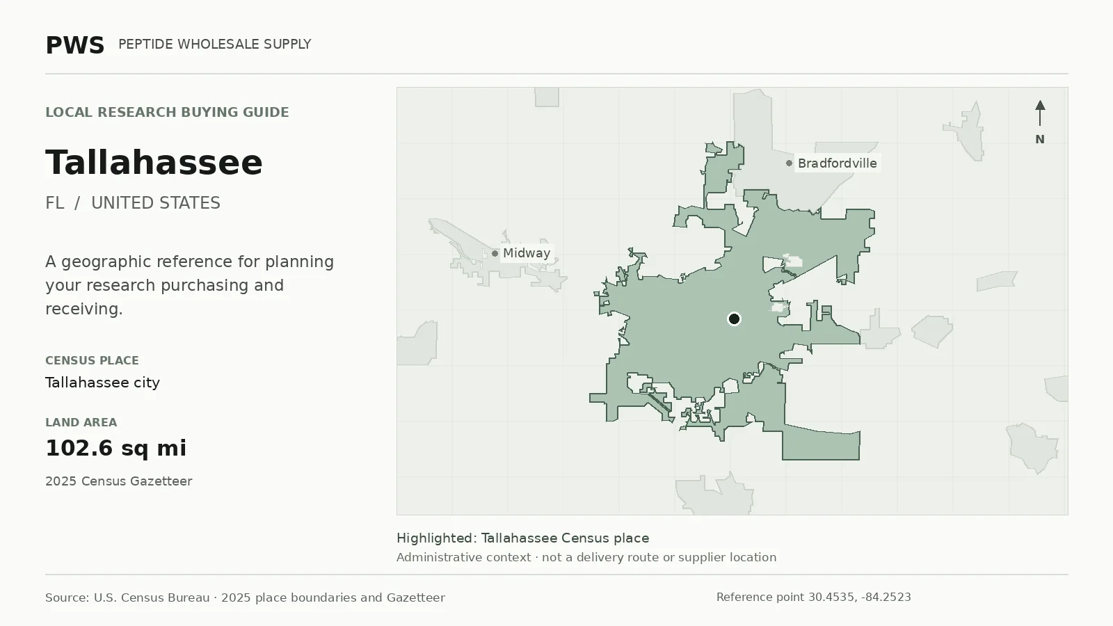 Map of the Tallahassee city Census place boundary in FL, with nearby Census places for receiving-address planning.