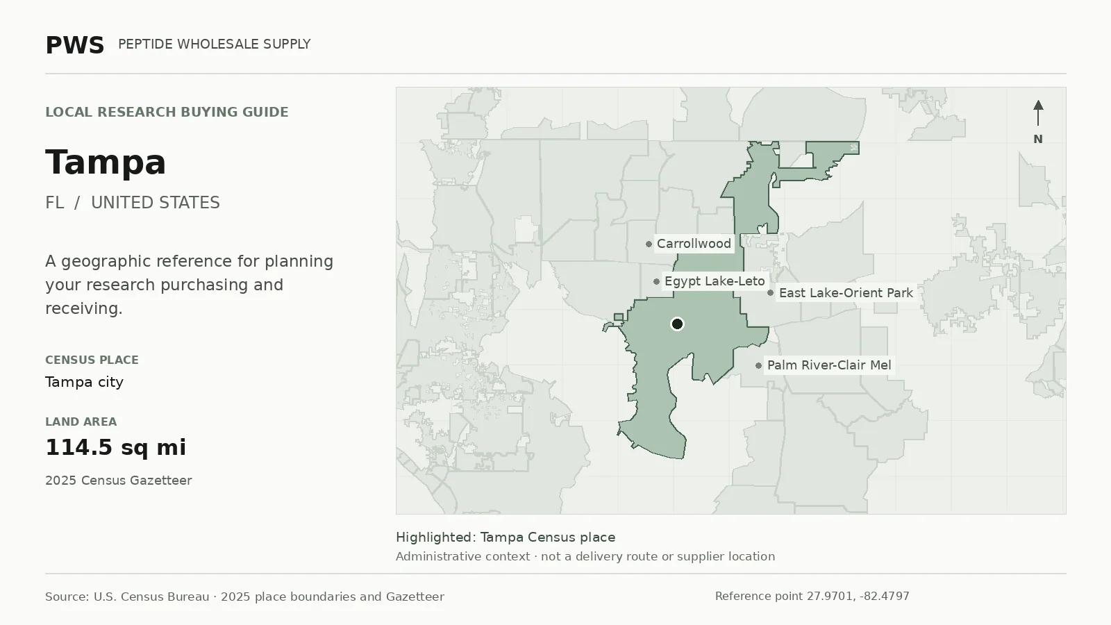Map of the Tampa city Census place boundary in FL, with nearby Census places for receiving-address planning.