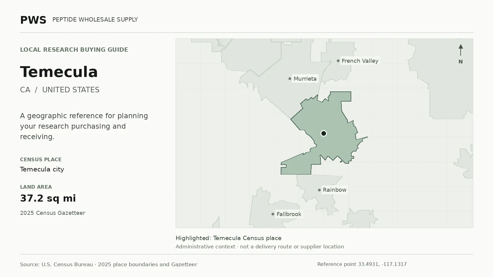 Map of the Temecula city Census place boundary in CA, with nearby Census places for receiving-address planning.