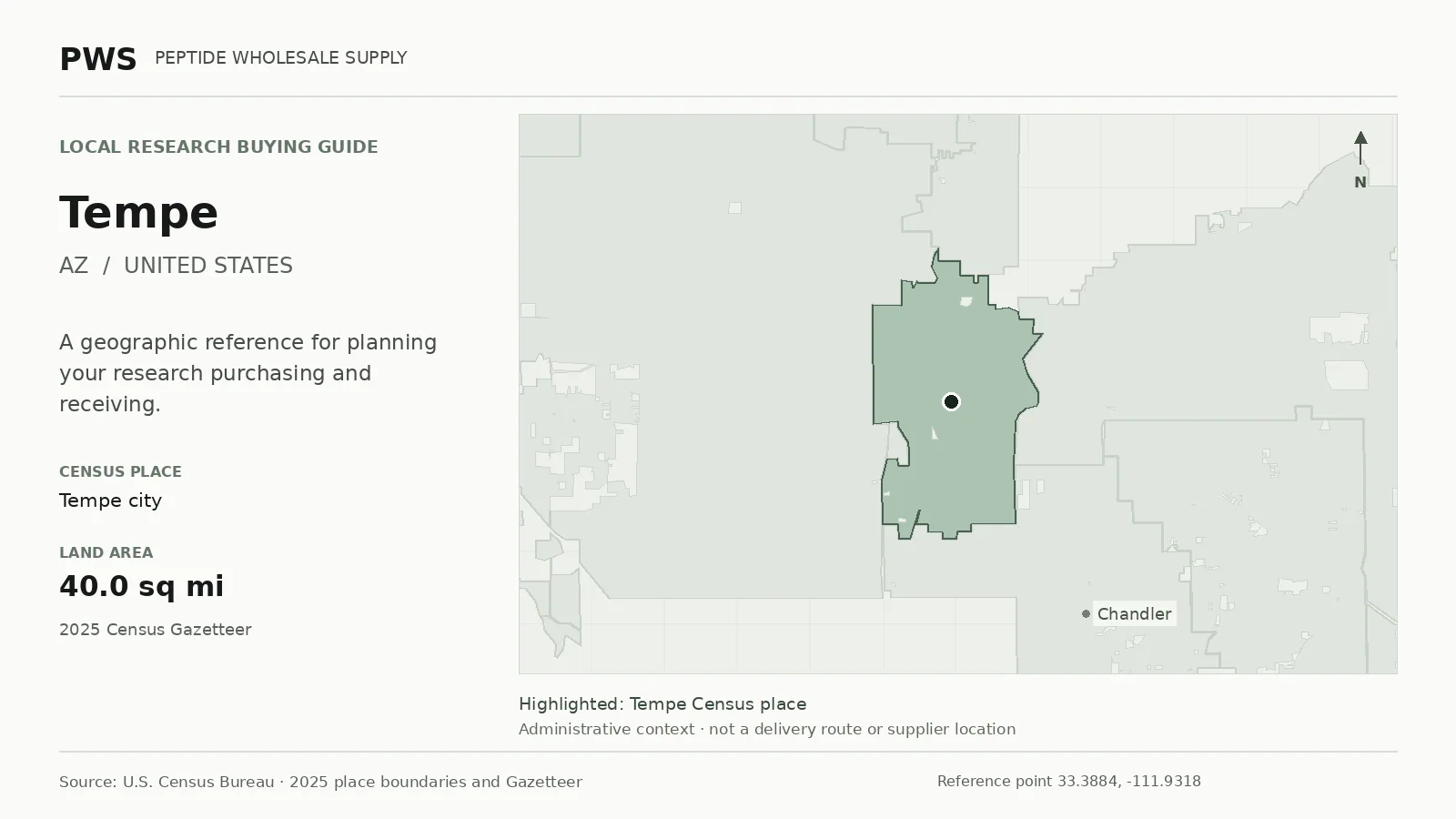 Map of the Tempe city Census place boundary in AZ, with nearby Census places for receiving-address planning.