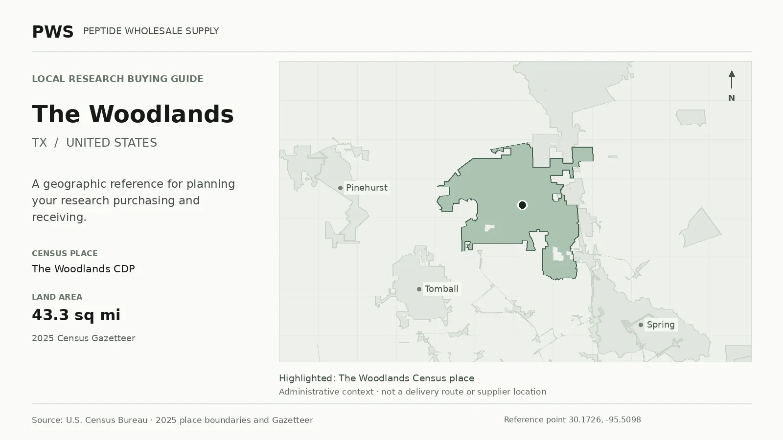 Map of the The Woodlands CDP Census place boundary in TX, with nearby Census places for receiving-address planning.