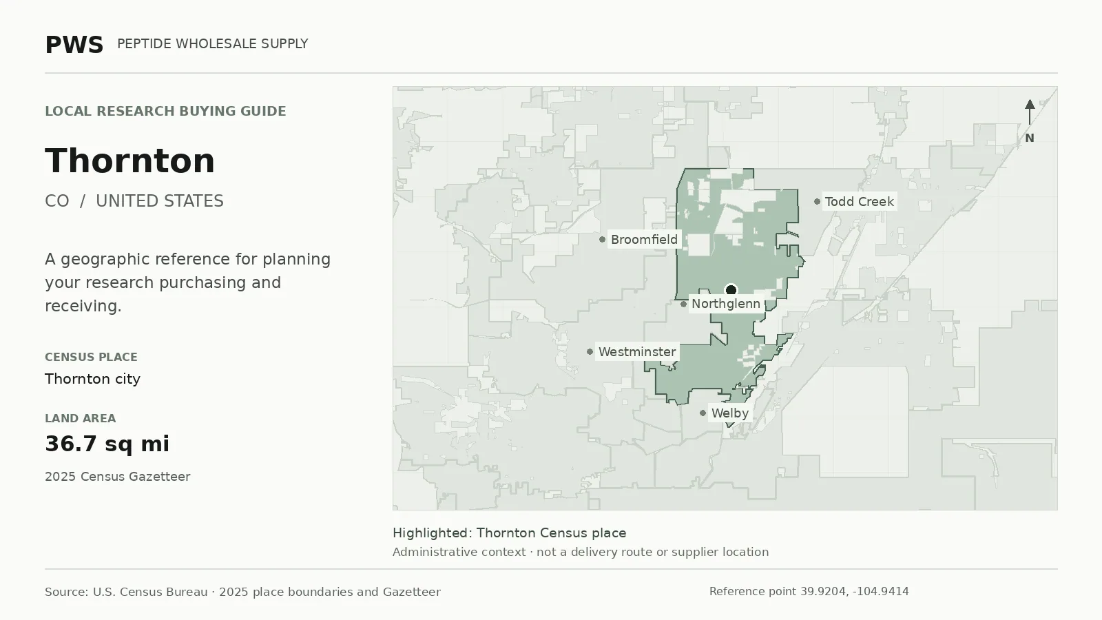 Map of the Thornton city Census place boundary in CO, with nearby Census places for receiving-address planning.