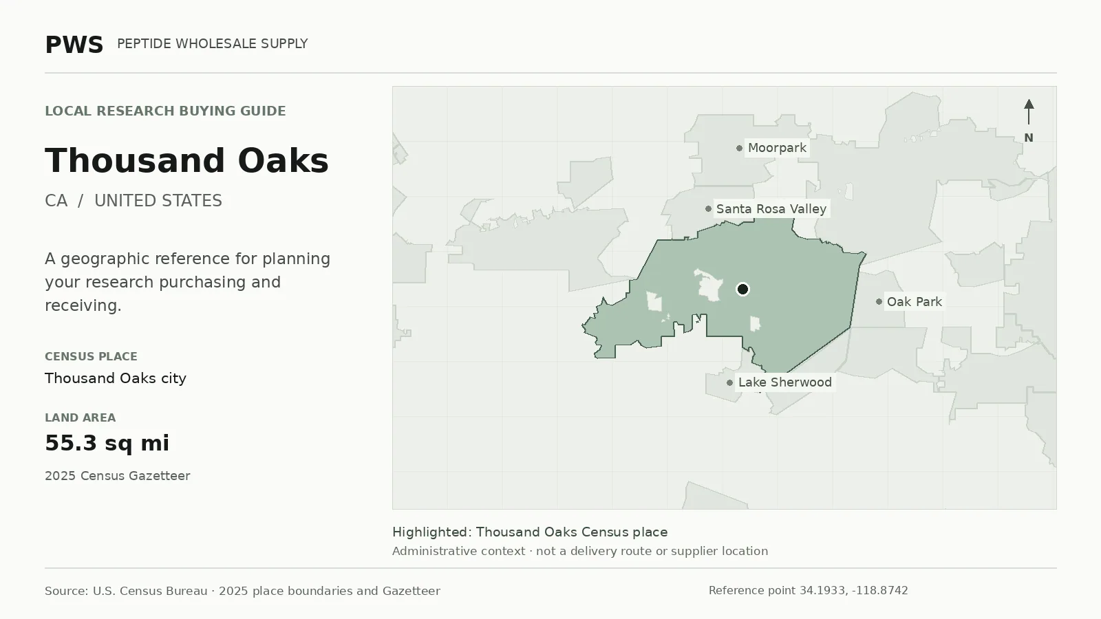 Map of the Thousand Oaks city Census place boundary in CA, with nearby Census places for receiving-address planning.