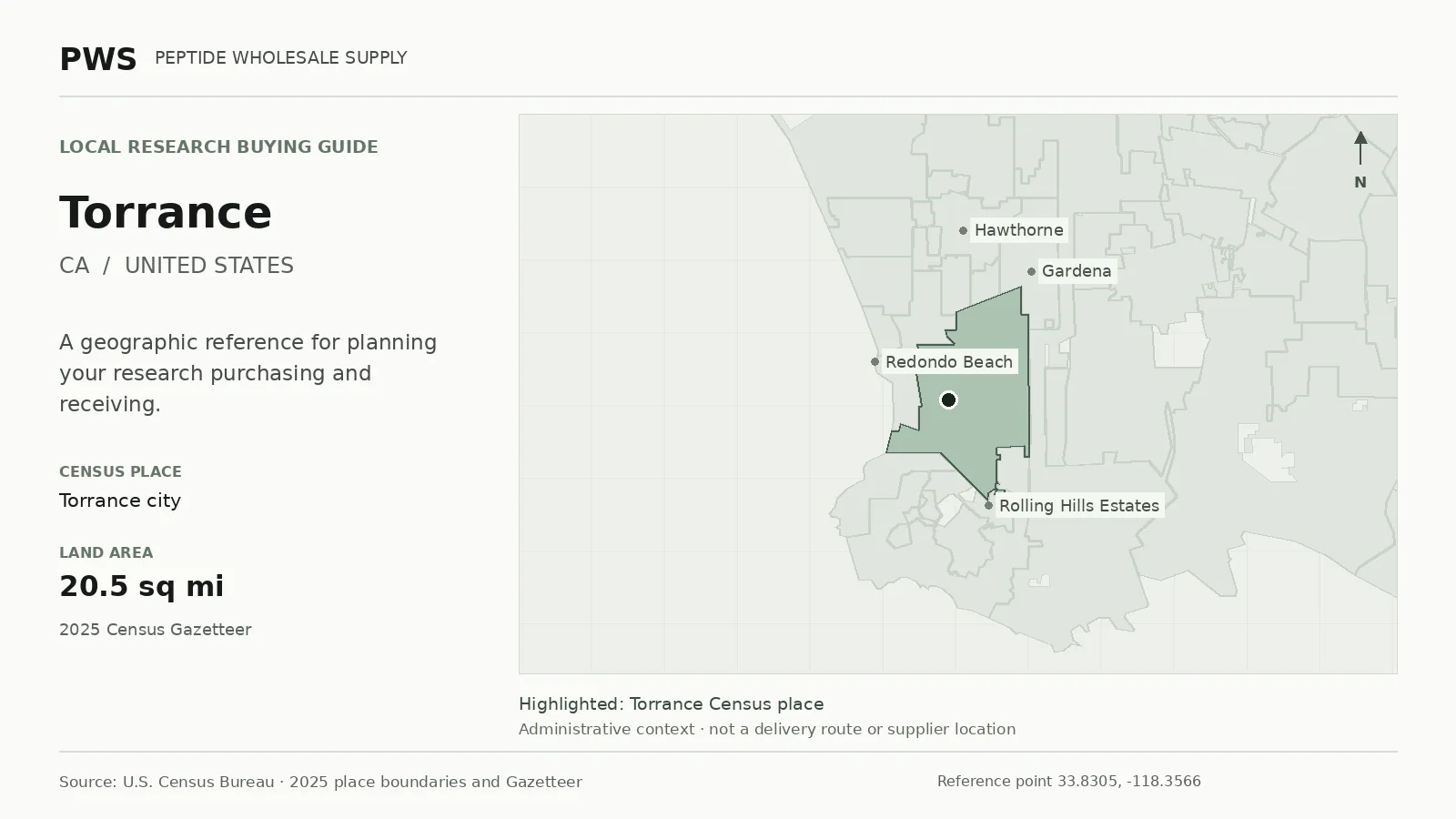 Map of the Torrance city Census place boundary in CA, with nearby Census places for receiving-address planning.
