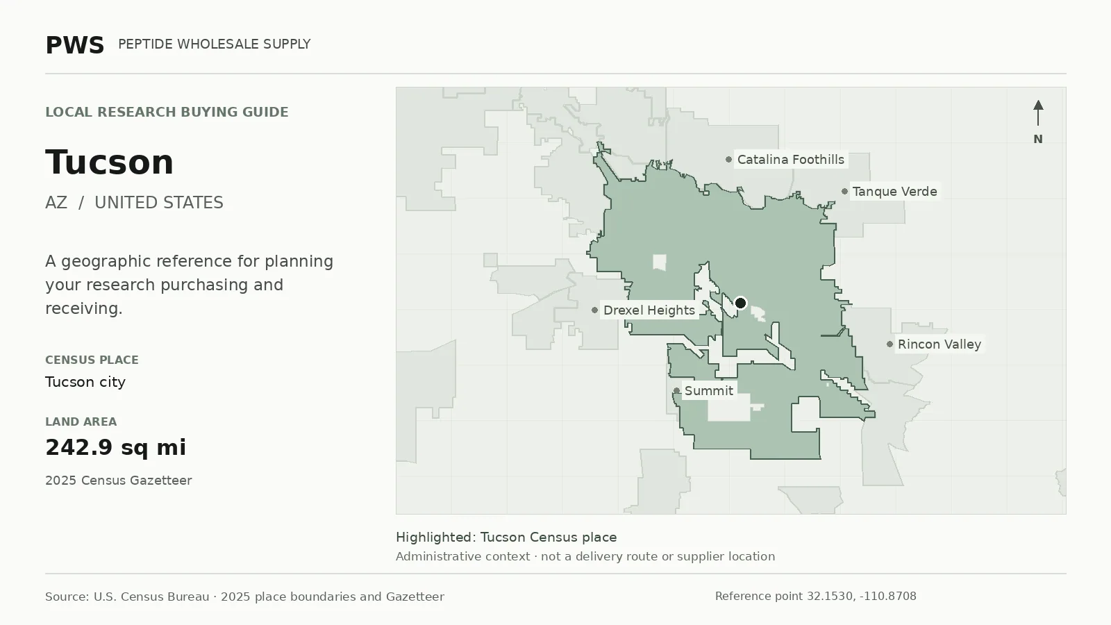 Map of the Tucson city Census place boundary in AZ, with nearby Census places for receiving-address planning.