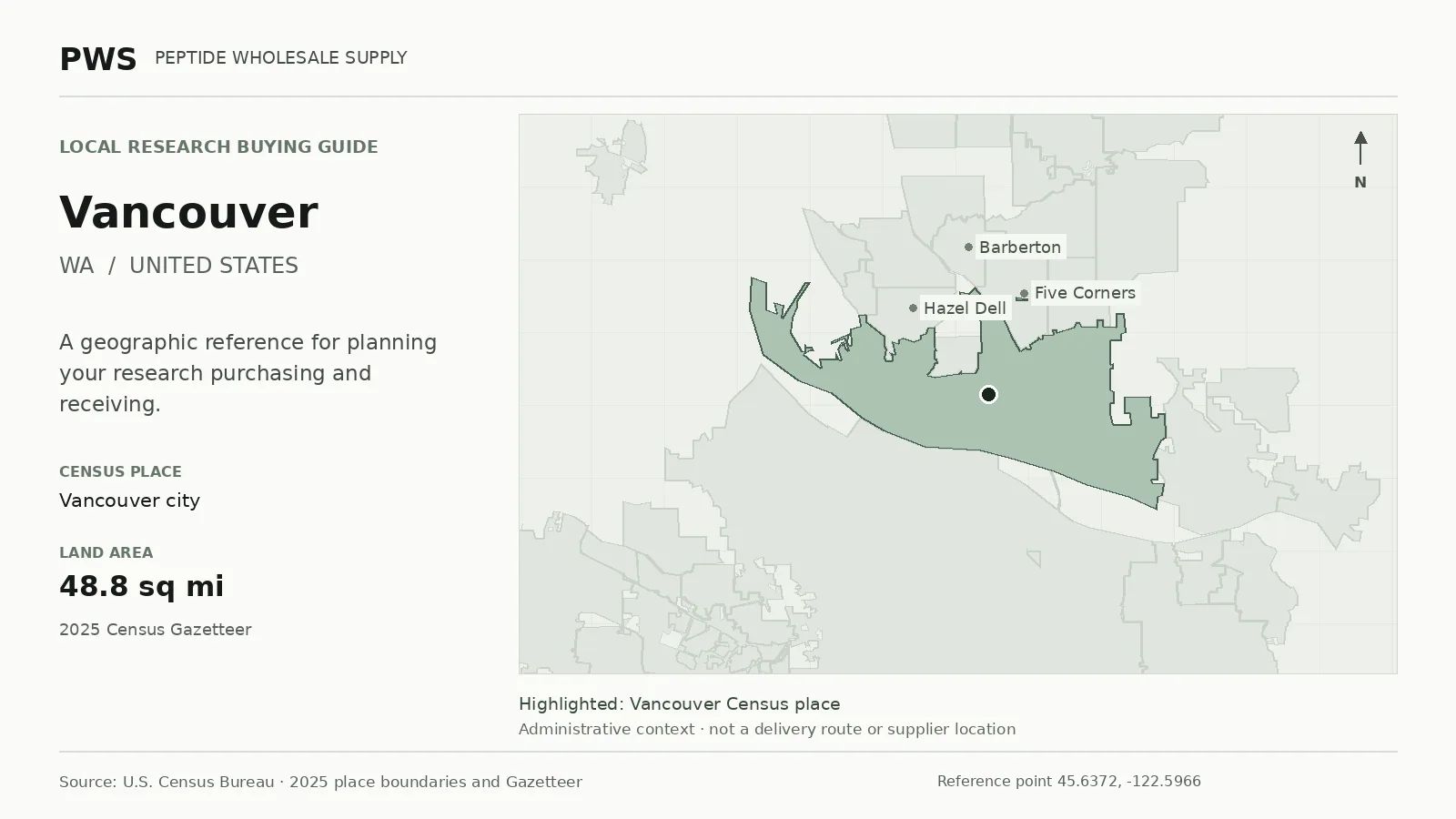 Map of the Vancouver city Census place boundary in WA, with nearby Census places for receiving-address planning.