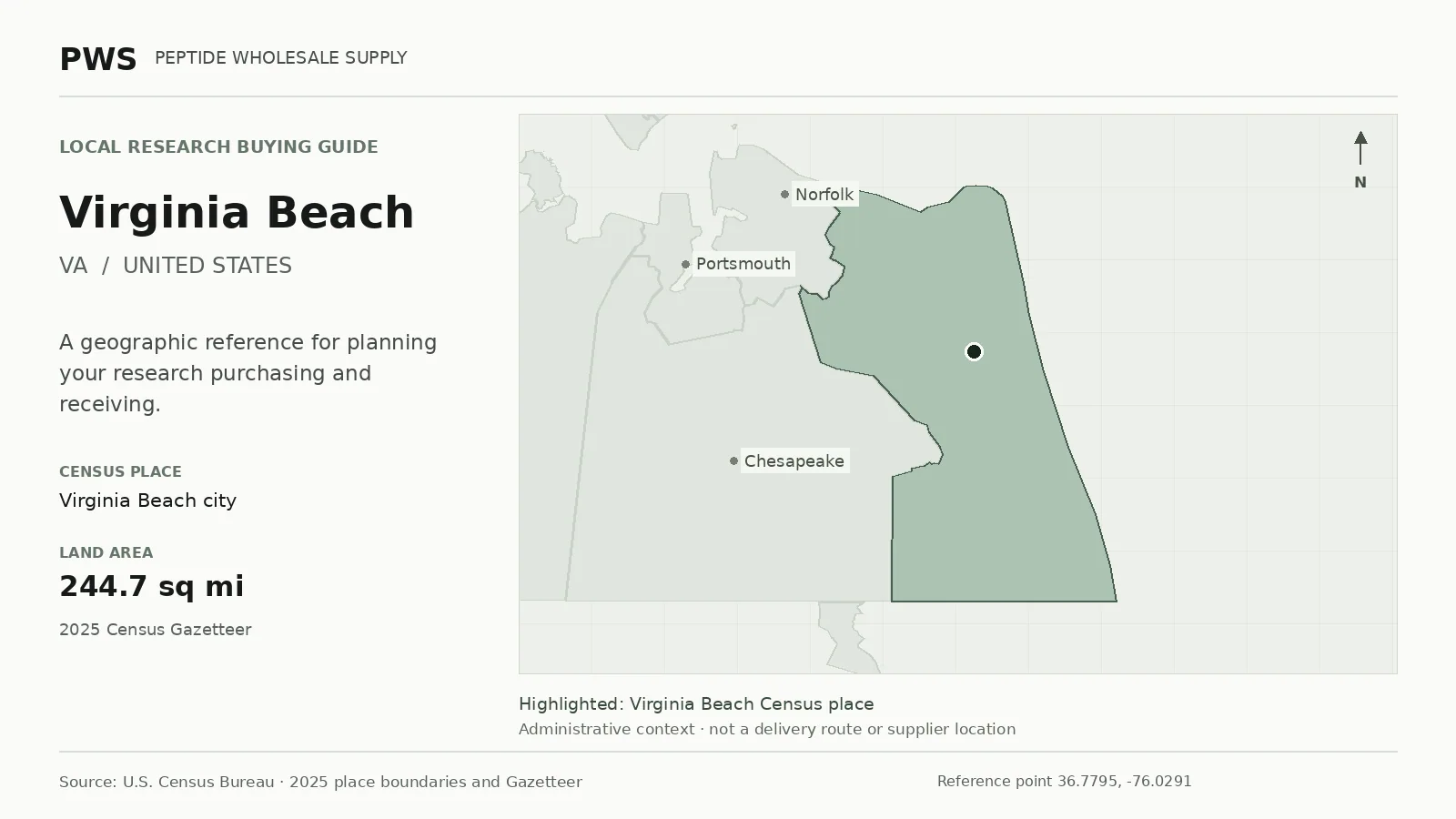 Map of the Virginia Beach city Census place boundary in VA, with nearby Census places for receiving-address planning.