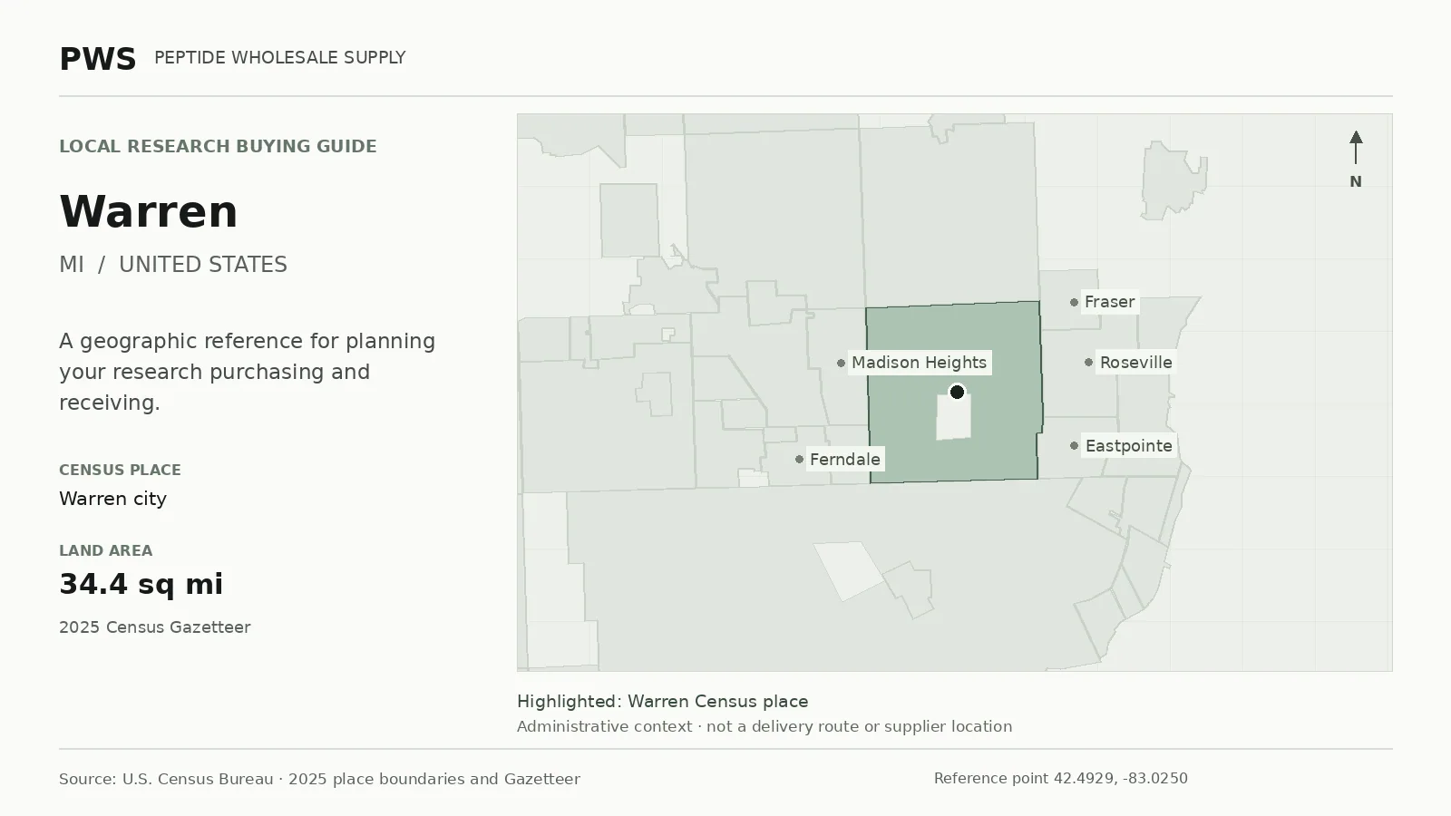 Map of the Warren city Census place boundary in MI, with nearby Census places for receiving-address planning.